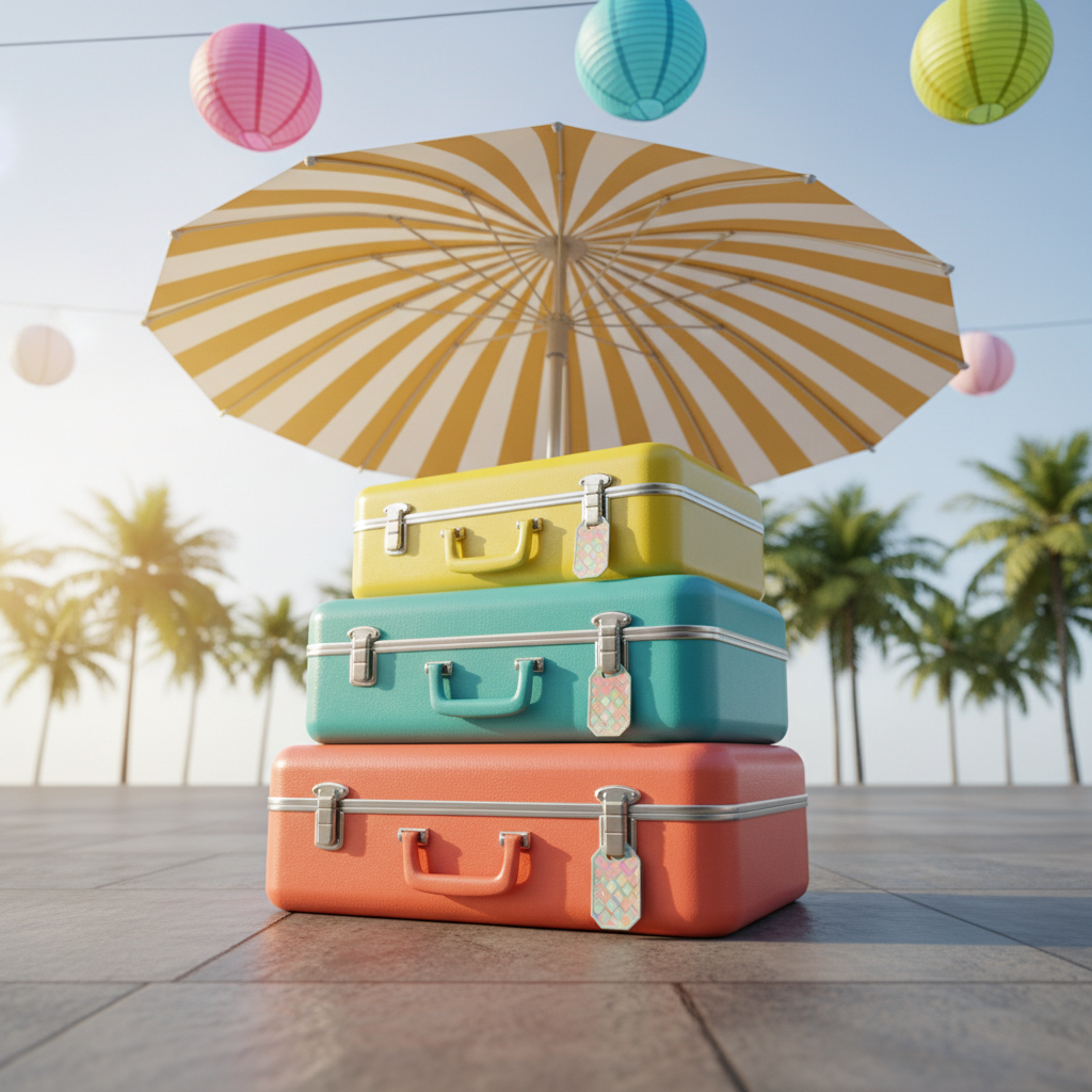 A meticulously arranged collection of glossy, brightly colored travel suitcases with rounded edges, stacked cheerfully under a whimsical, sun-patterned beach umbrella. The suitcases feature textured surfaces—one in vivid coral, another in teal, and a third in lemon yellow—each with shiny chrome clasps and playful luggage tags. The scene is set upon a smooth slate patio, with a blurred line of palm trees and candy-colored paper lanterns swaying above. Warm natural light creates vibrant highlights and soft edge shadows, enhancing the festive, dynamic atmosphere. Shot at a low angle for an engaging, energetic layout, the overall effect is photorealistic, playful, and perfectly suited to promoting flexible, premium services in Goa.