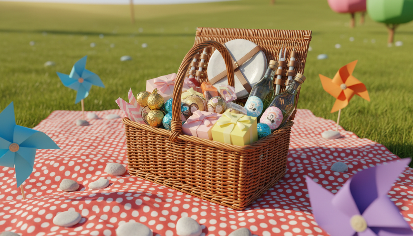 A playful, open-top picnic basket filled with an array of vividly colored, carefully wrapped premium treats—gourmet chocolates, petite cakes, and sparkling water bottles—nestled atop a bright, polka-dotted picnic cloth. The scene sits on sun-warmed grass, surrounded by bold paper pinwheels and rounded pebbles. Sunlight dances across the basket, creating sparkling reflections and gentle shadows along the contours of the treats. Captured from a low, close-up angle with an enthusiastic, shallow depth of field, the image is vibrant, inviting, and supports the site’s focus on premium, joy-filled experiences. The overall style is photographic, with whimsical, rounded details and a playful elegance.
