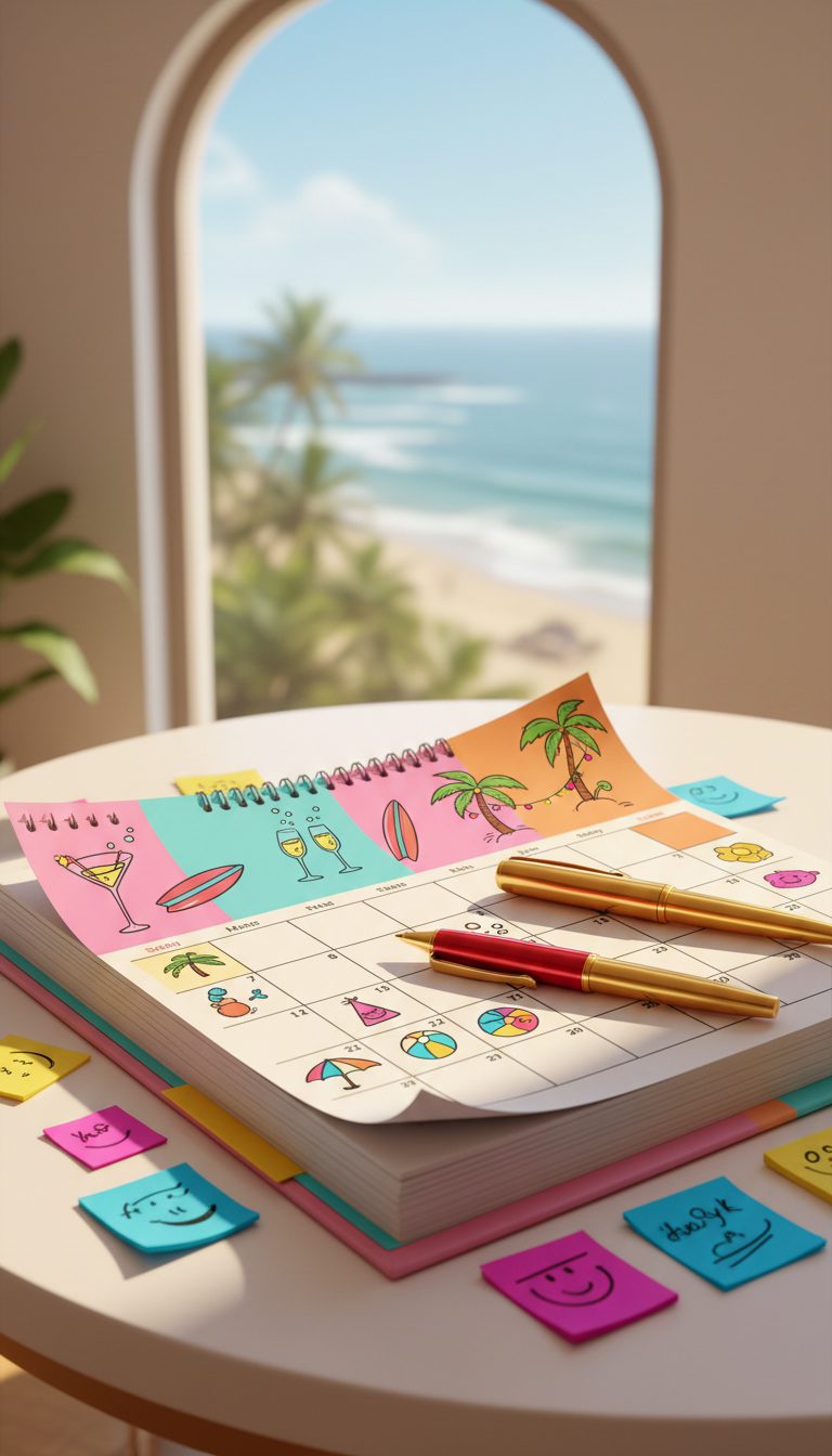 A whimsically oversized, candy-colored calendar planner with hand-drawn icons of cocktails, hangouts, and beach umbrellas. The planner’s pages curl invitingly, and playful sticky notes in electric blue and magenta are scattered atop. Crimson and gold-tipped pens rest nearby, their shiny surfaces catching bursts of daylight from a window. The desk beneath is a rounded, creamy white surface, while the softly blurred background features hints of Goa’s vibrant coastline through the window. Warm ambient light and diffused sunlight create bright highlights and add to the lively, energetic mood. The composition is shot at a gentle overhead angle, radiating a fun, premium, and approachable vibe that illustrates easy bookings and fixed pricing.